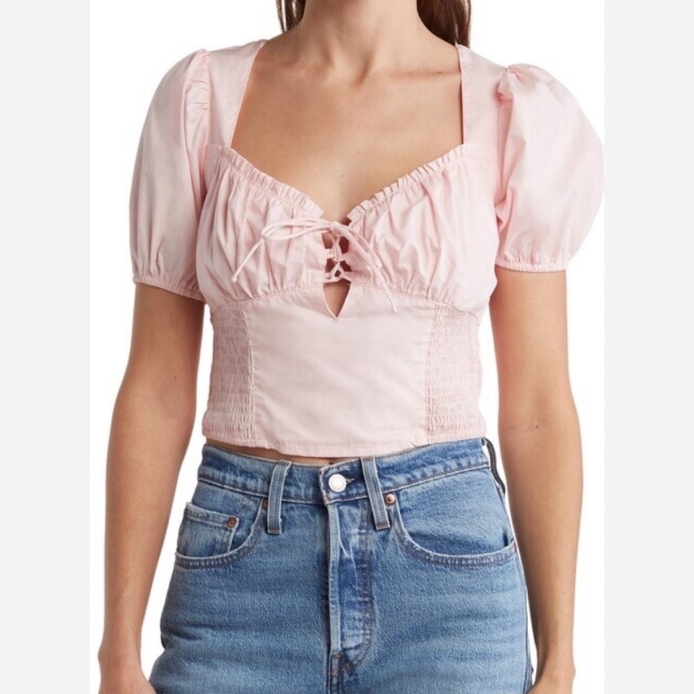 ASTR Blush Pink Poplin Cropped Top with Puff Sleeves